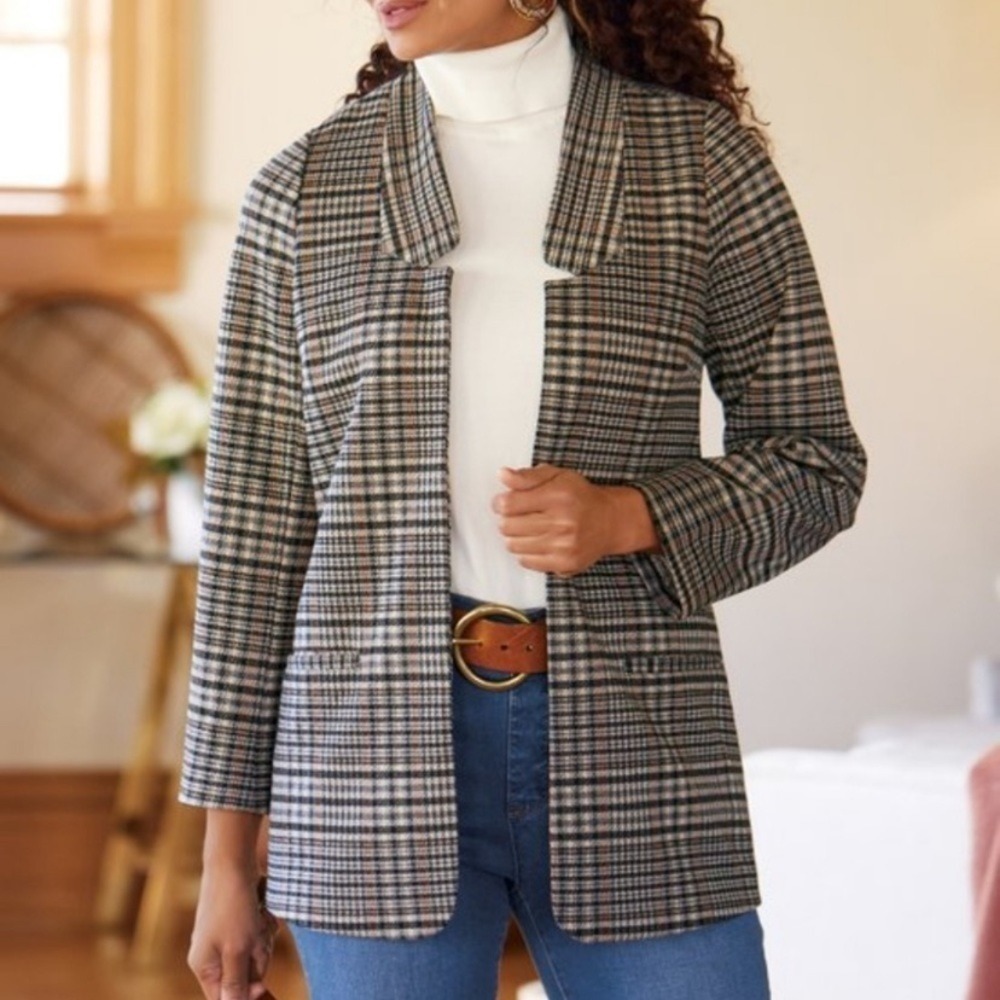 Soft Surroundings Size L Houndstooth‎ Plaid Open Front St James Blazer Jacket